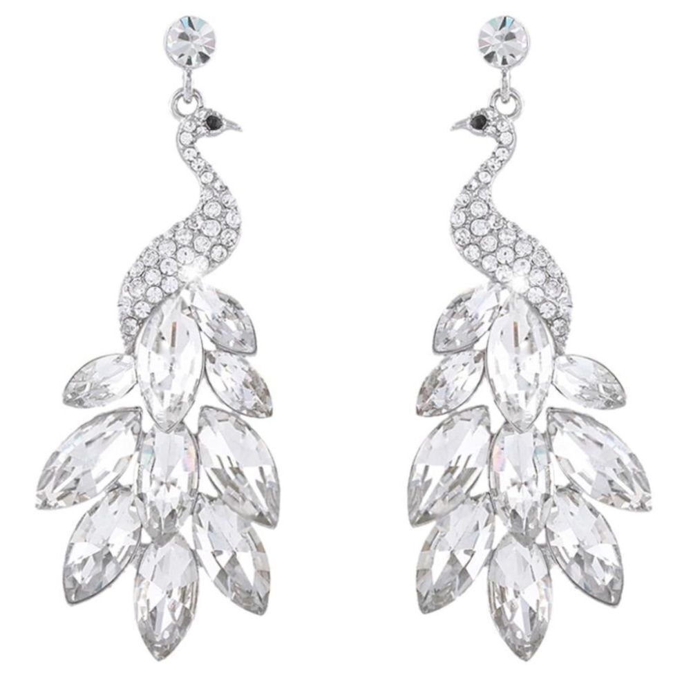 Silver with White Diamond and Onyx Austrian Crystal Peacock Chandelier Earrings